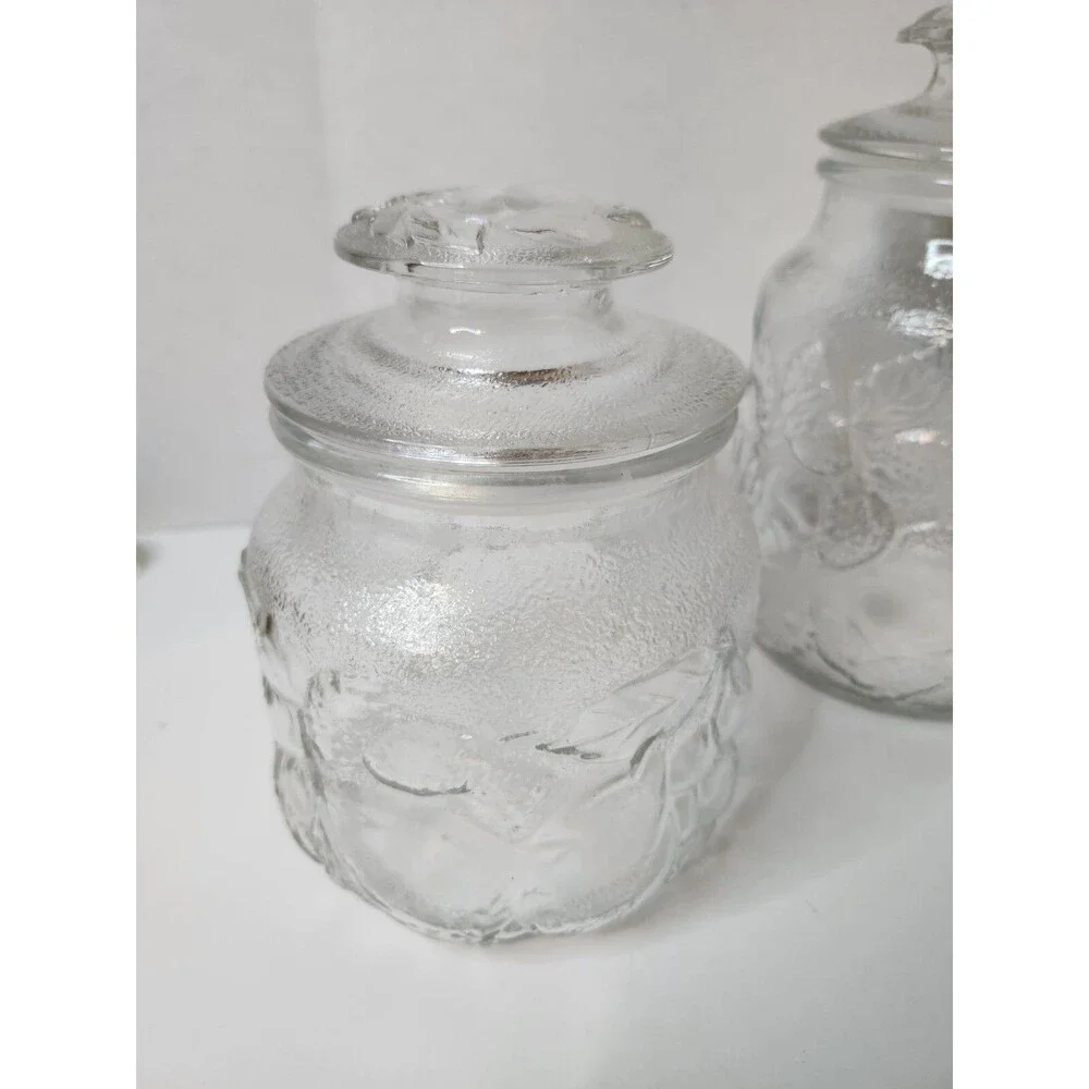 Vintage Libbey Glass Orchard Fruit Embossed Clear Glass Canisters Set of 3